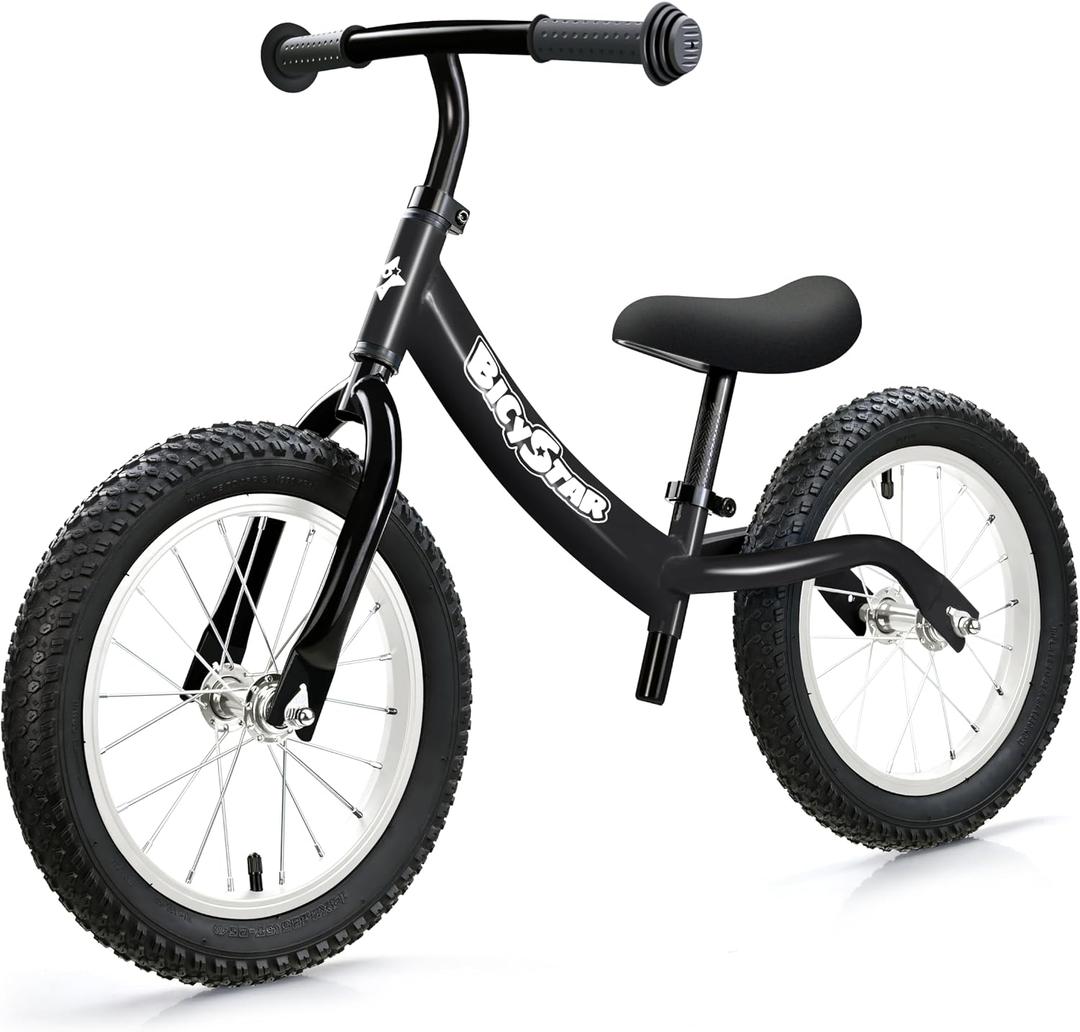 bicystar 14 Inch Toddler Balance Bike for 3-6 Year Old, Real Rubber Air Tires, No Pedal Kids Bike with Adjustable Seat & Handlebar, Footrest, Gift Bike for 3-5 Boys Girls, Black