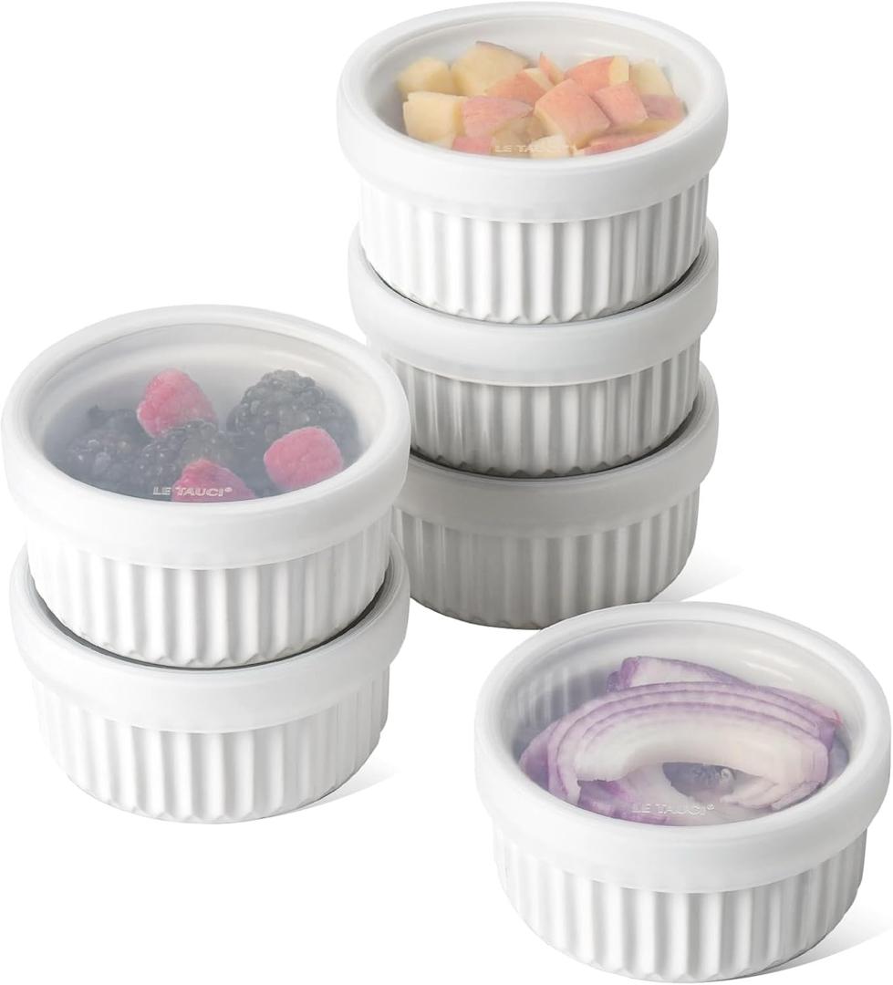 LE TAUCI Ramekins with Silicone Lids, 8 OZ Ceramic Souffl Dishes, Ramekin Bowls for Crme Brle, Dessert, Dips, Oven & Microwave Safe, Set of 6, White