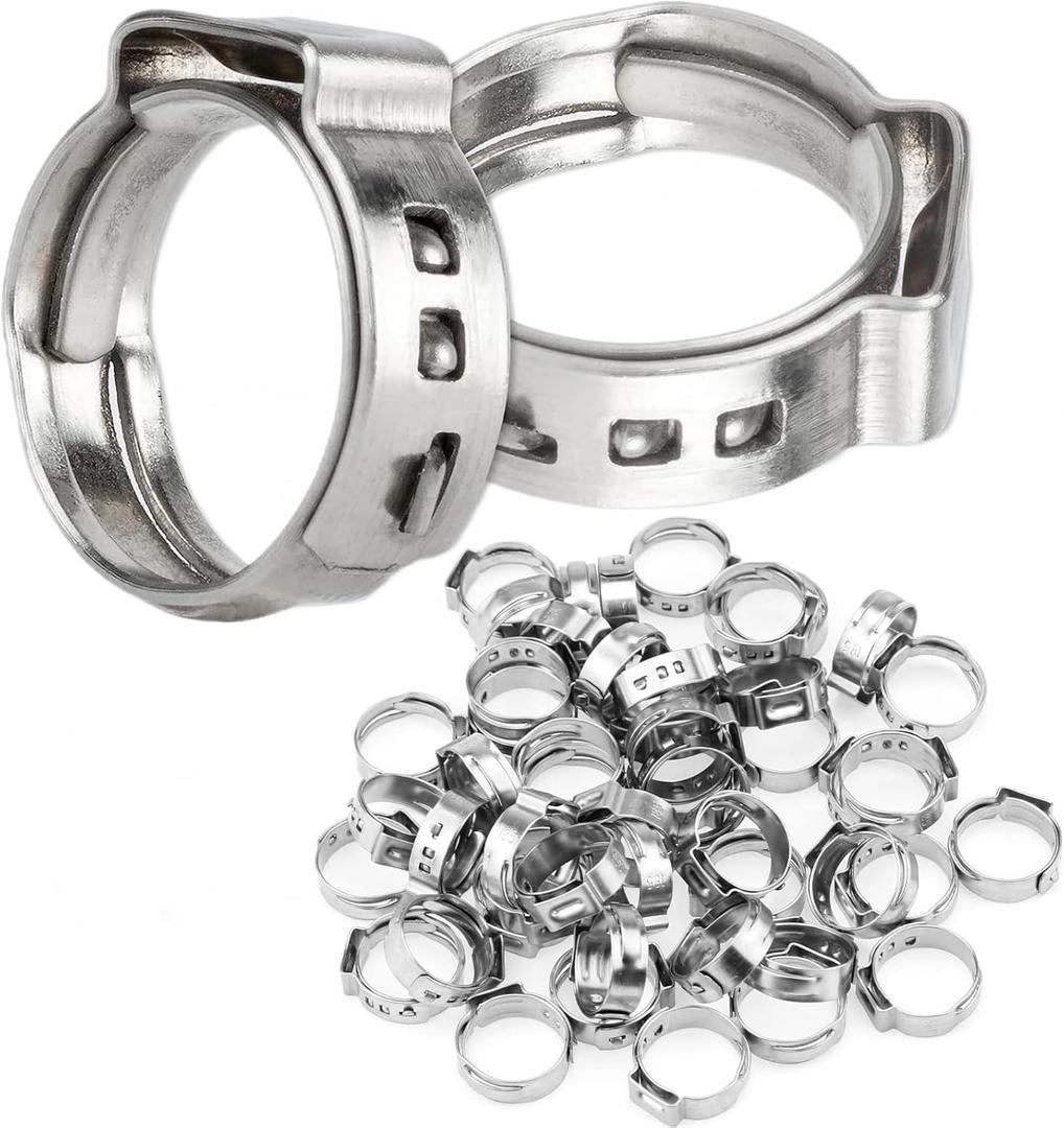 50Pcs 15mm-17.5mm 1/2"Single Ear Hose Clamp Hose Crimp Clamps Ear Crimp Rings Ear Stepless Hose Clamp Pinch Clamps for Hose Pipe Clamp Tools (1/2inch)