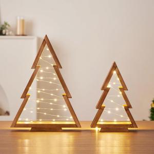 2 Pack Wooden Tabletop Christmas Trees with Lights & Timer, Modern Christmas Decorations Indoor, Farmhouse Christmas Decor Small Tree for Table Top, Mantle, Shelf (Large-14.2 in, Small-10.2 in)