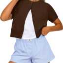 Trendy Queen Cropped Short Sleeve Cardigan Sweaters for Women Summer Lightweight Spring Outfits Y2k Fashion Clothes 2026 (Medium, Chocolate Brown)