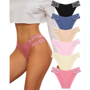 FINETOO Seamless Underwear for Women Cheeky Bikini Panties High Cut V-waist Lace Underwear Women Cute Bikinis 6 Pack (M)