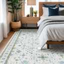 Hazo Haus Blue and Green Living Room Rug 8x10 - Cream Oushak Vintage Boho Floral Farmhouse, Washable Low Pile Non-Slip Extra Large Area Rugs for Bedroom, Girls, Boys, Playroom, Lounge