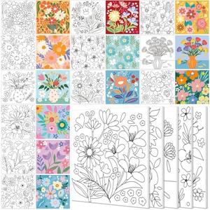 Teling 12 Pcs Pre Drawn Stretched Canvas Kit for Adults Painting Pre Printed Canvas Outline for DIY Painting Party Favor,6 x 6 x 0.6 Inches(Flower)