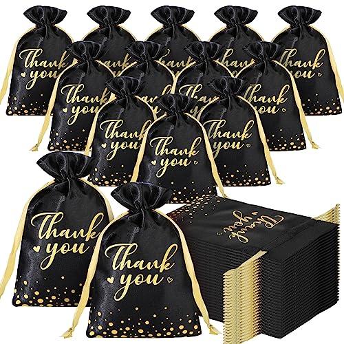 Sweetude 100 Pieces Thank You Satin Gift Bags 4 x 6 Inch Jewelry Pouches with Drawstring Mini Candy Wedding Party Favor Bag for Bridal Baby Shower Birthday Party Supplies(Black)