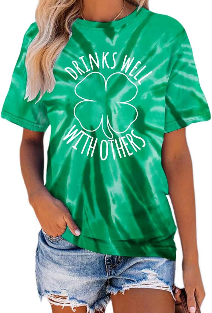 St Patrick's Day Clover T-Shirt Women Blessed Lucky Irish Shamrock Green Tshirts Lucky Mama Graphic Tee Tops (L)