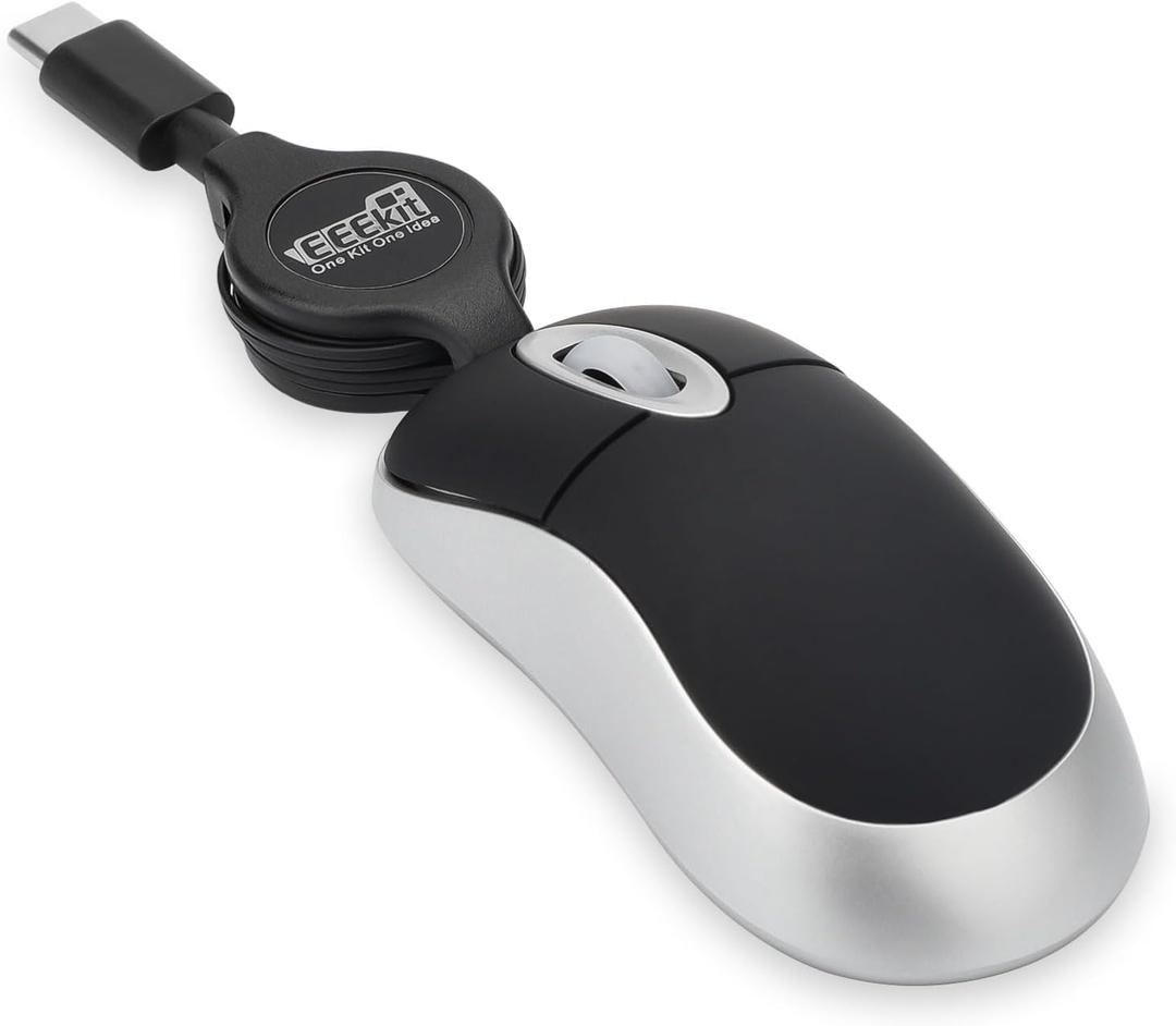 EEEKit Mini Wired USB C Mouse, 3-Button Retractable Corded Mouse Optical Computer Mice for Laptop PC MacBook iPad Smartphones, Black