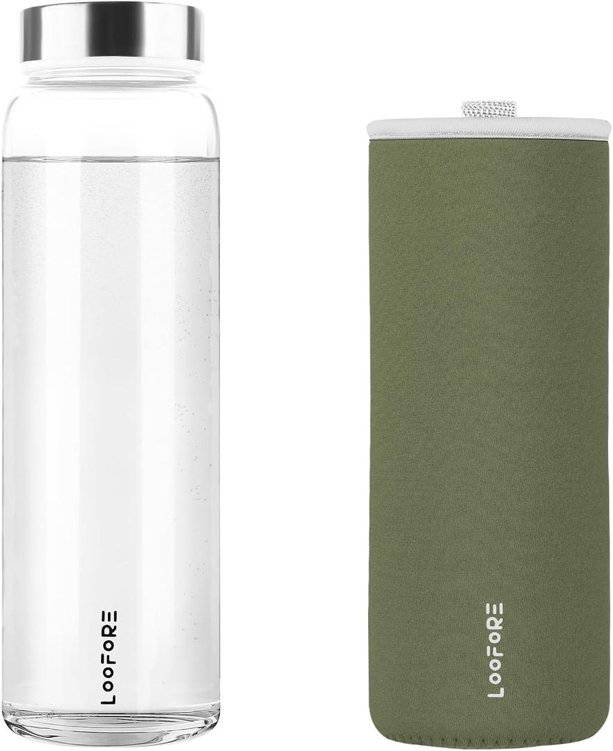 Glass Water Bottles 32 oz, 1 liter / 1000ml Wide Mouth Glass Drinking Bottles with Lids, Large Reusable Borosilicate Water Bottle for School Home Office Travel Sport Yoga Gym