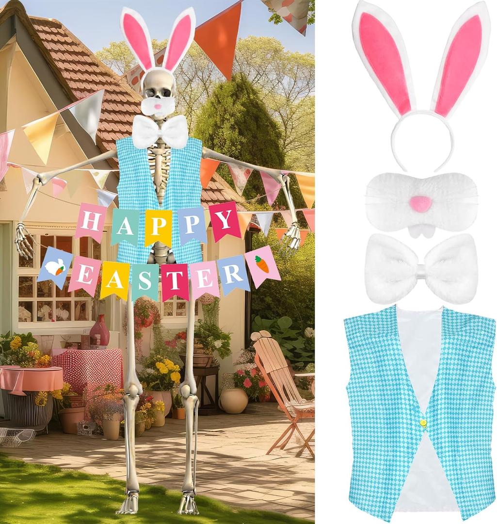 12 ft Giant Blue Skelly Clothes 5 Pcs Easter Skeleton Costume Accessories Include Blue Vest Banner Headband Bow Tie Mouth Decoration for Easter Garden Lawn Outdoor Spring DecorationExcluding skull