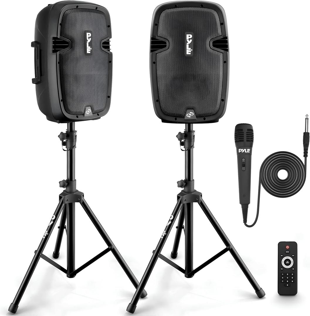 Pyle Active + Passive PA Systems - Dual 8inch 700 Watt Max Power Output Speaker with Microphone, Bluetooth Wireless Streaming, MP3/USB/SD/AUX Readers, Speaker Stands- Pyle PPHP849KT
