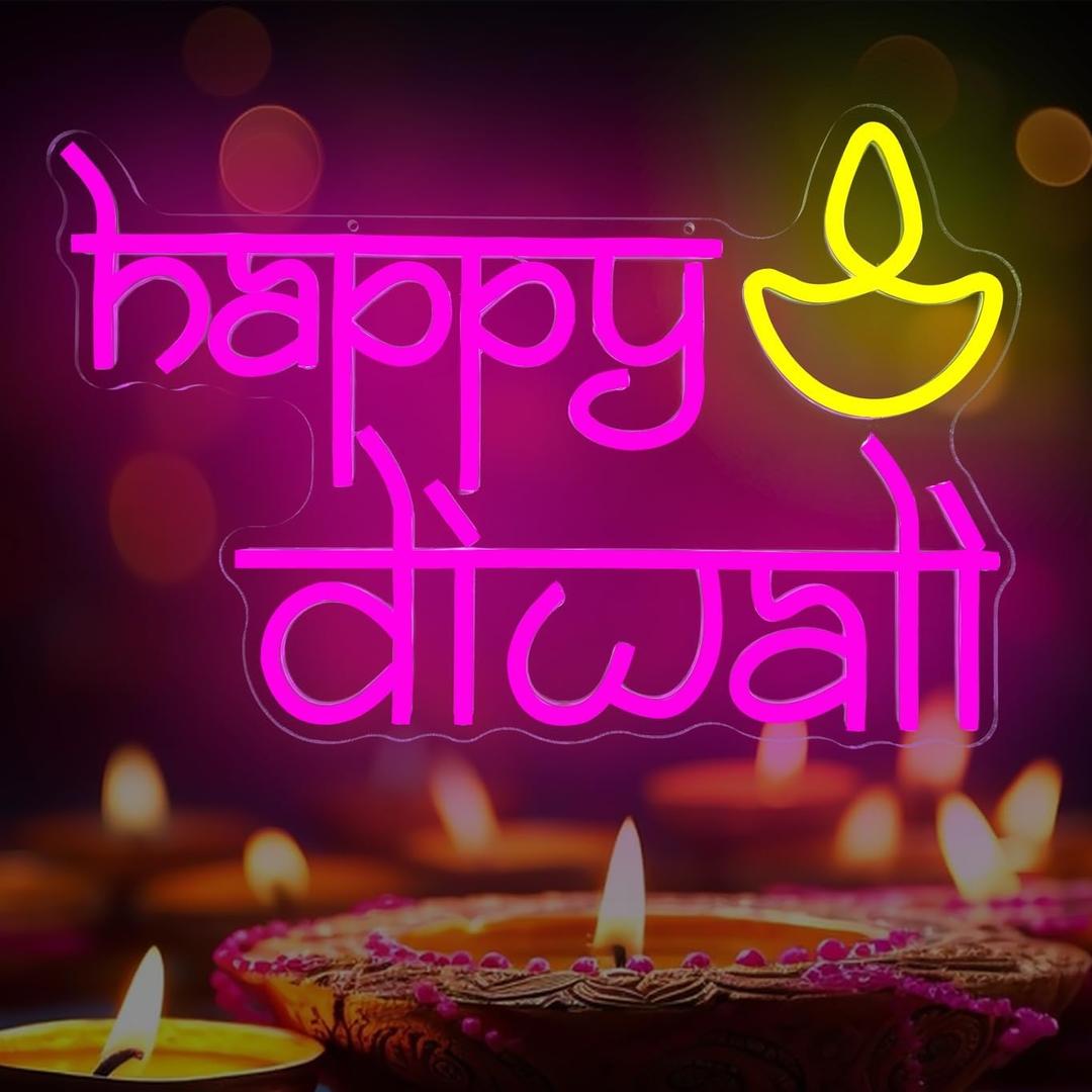 Happy Diwali Neon Sign for wall decor Festival Of Light Led Sign Happy Diwali Decorations Dimmable Diya Deepawali Neon Light Up Sign for Home Bar Decor Party Wall Room Bedroom Door Window