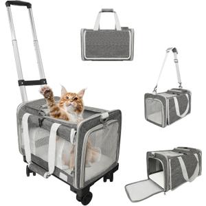 Pet Carrier with Wheels Up to 25 lbs Airline Approved Dog Carrier Rolling Pet Carrier w/Removable Wheels & Washable Plush Mat Pet Travel Carrier with Telescopic Handle & Shoulder Strap (Grey)