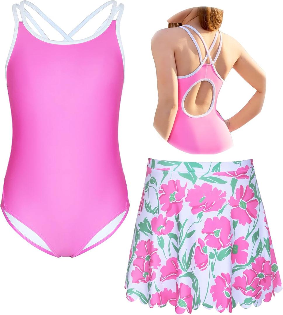 beautyin Girls One Piece Swimsuit with Skirt Bathing Suit Crisscross Back Swimwear Size 8-14 (9-10 Years, Pink)