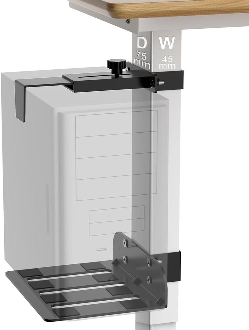 Under Desk PC Mount - No Drilling Heavy Duty 50lbs Capacity, Adjustable Height and Width Clamp-on Desk Leg PC Mount for Standing Desks (Fits 75mm45mm Legs only), with Non-Slip Pads, Black