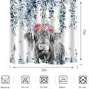 Blue Eucalyptus Highland Cow Shower Curtain Watercolor Floral Leaves Cattle Plants Botanical Bathroom Decor Waterproof Fabric Cloth 72Lx72W Inch with 12PCS Hooks
