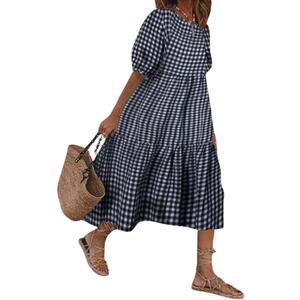 chouyatou Women's Retro Lantern Puff Sleeve Plaid Dress Gingham Swing Tiered Midi Long Dress (XX-Large)