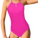 Girls Swimsuit One Piece Bathing Suits for Girls Halterneck Solid Belly Ruched Modest Padded Swimwear 9-16y (15-16 Years, Solid Hot Pink)