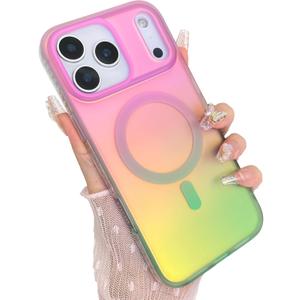Aesthetic Case for iPhone 17 Pro Max Case for Women Girls [Compatible with Magsafe] Cute Girly Trendy Glitter Sparkly Rainbow Magnetic Protective Phone Cover, Matte Iridescent Pink & Green
