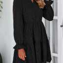 PRETTYGARDEN Women's Spring 2025 Long Puff Sleeve Mini Dress Hollow Out Lace V Neck A Line Ruffle Casual Party Dresses (Black)