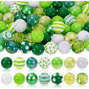 2 x Whaline 50 Pcs 20 mm St. Patrick's Day Bubblegum Beads Set Mixed Green Shamrock White Green Plastic Spacer Beads for Jewelry Making Boutique Craft Supplies, Small
