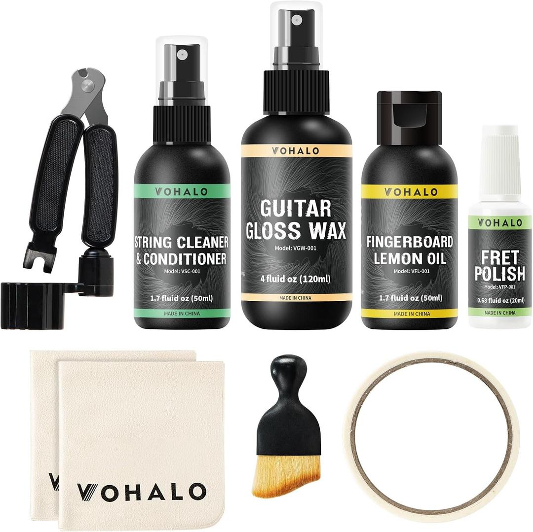 Premium Guitar Cleaning Kit - Guitar Gloss Wax, Fretboard Lemon Oil, String Cleaner Oil, Fret Polish with Microfiber Cloth, Brush & Tools, Compact All in One Care Set for Electric Guitar, 240ML