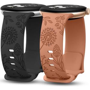 Minyee 2 Packs Floral Engraved Bands Compatible with Google Pixel Watch 4/3 41mm/Pixel Watch 2/1 Band Women, Cute Soft Silicone Flower Sport Fancy Straps (Black/Brown)