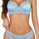 Avidlove Lingerie Sets for Women Sexy Underwire Bra and Pany Set Floral Lace 2 Pieces Underwear Satin Lingerie Outfit (Large, Light Blue)