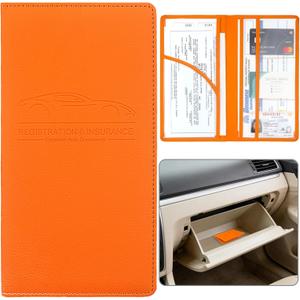Car Registration and Insurance Holder, Premium Pu Leather Vehicle Glove Box Organizer - for Driver License, Cards & Essential Documents (L-Orange)