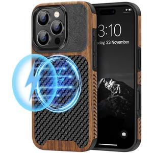 TENDLIN Magnetic Case Compatible with iPhone 16 Pro Max Phone Case Wood Grain with Carbon Fiber Texture Design Leather Hybrid Slim Case (Compatible with MagSafe) Black