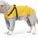 LIANZIMAU Waterproof Dog Raincoat 4 Legs with Leash Hook Reflective Adjustable Belly Strap Clear Hood Lightweight Polyester for Large Dogs (L, Yellow)