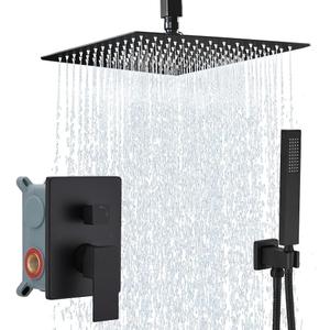 12 Inch Matte Black Ceiling Mount Shower System Bathroom Luxury Rain Mixer Shower Combo Set Ceiling Rainfall Shower Head System Faucet Contain Rough-in Valve and Trim Included