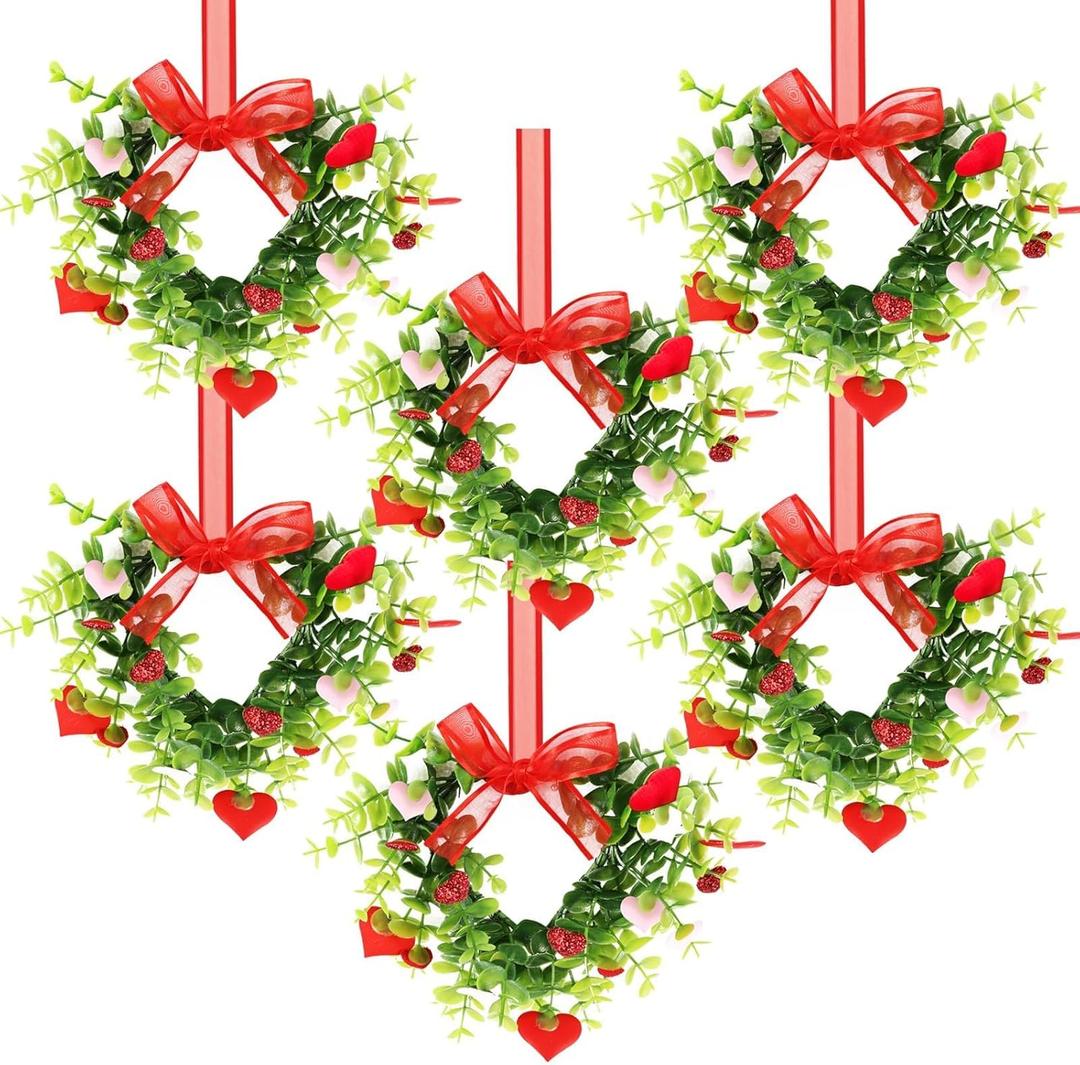6 Pcs Valentine's Day Heart Wreath Artificial Red Berries Heart Swag Kitchen Cabinet Wreaths Hanging Valentines Day Wreaths for Front Door Window Wedding Birthday Home Decoration
