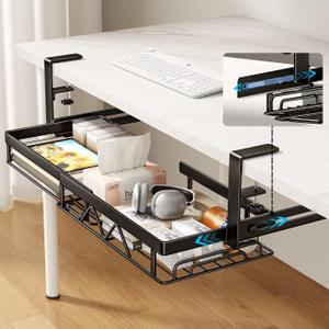 Cable Management Under Desk Shelf, Expandable No Drill Cord Organizer, Clamp On Cable Tray, Black (1 Pack, Black-23.5IN)