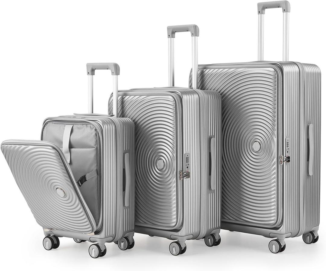 3 Piece Luggage Set 100% PC Hardshell, Front Opening Expandable Suitcase (20/24/28) with Laptop Compartment & Free Custom PVC Covers, Trunk Style Lightweight Spinner Wheels TSA Lock (Silver)