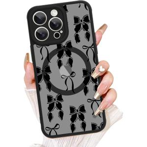 AIGOMARA for iPhone 14 Pro Max Case, Compatible with MagSafe, Cute Bowknot Pattern with Semi-Transparent Frosted Phone Case for Woman Gilrs Soft TPU and PC Back Protective Slim Phone Cover Black
