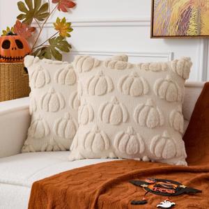 UGASA Fall Pumpkins Pillow Covers 16x16 Inch 2 Packs Soft Plush Faux Wool Fur Pillowcases Throw Pillows Autumn Halloween Home Decor for Couch Sofa Chair Bed, Beige