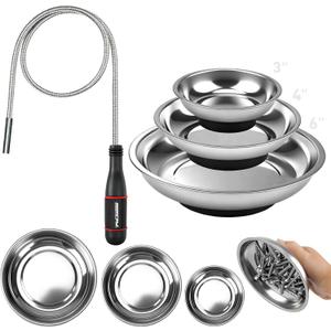 4 Pack Telescoping Magnetic Pickup Tool with 3in 4in 6in Magnetic Parts Trays, Magnet Flexible Spring Stick, Magnet Retrieving Sweeper for Nail, Screws & Metal Debris Workshop Garage