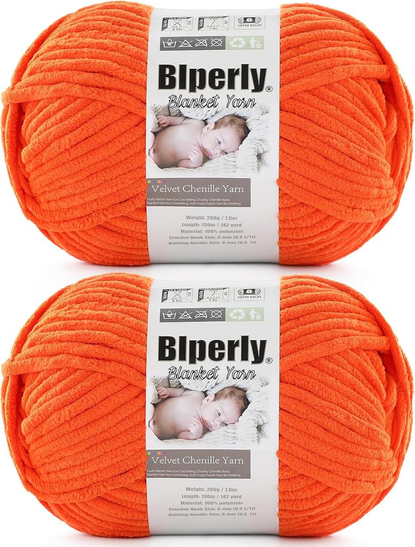 6 Super Bulky Velvet Chenille Yarn for Crocheting - 2 Skein of 200g/7 oz - Ultra Soft Heavy Weight Chunky Knitting Yarn for Baby Blankets, Amigurumi, Home DecorOrange Peel2 Skein