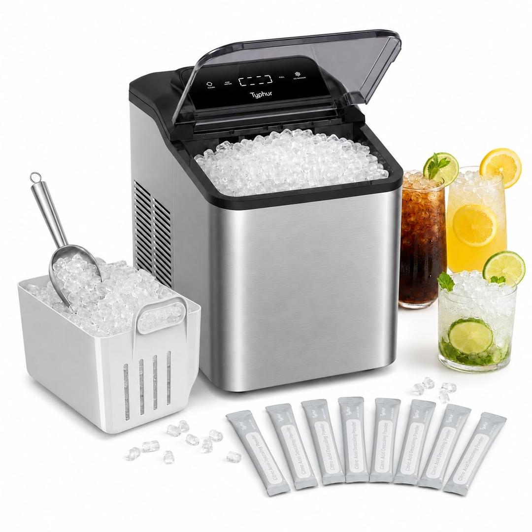 Typhur Fast Nugget Ice Maker, 35lbs/24H Pebble Chewable Ice Machine Countertop, Powerful Self-Cleaning Pump with 8-Pack Cleaner, Stainless Steel, Dual Ice Scoops for Camping, Home, RV