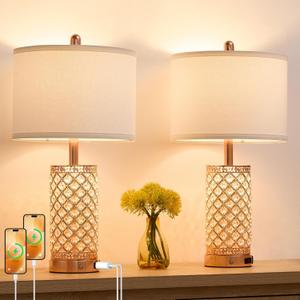 SAIWEYA Crystal Table Lamps Modern 3-Way Dimmable Bedside Lamp with 2 USB Ports & AC Outlets for Living Room Bedroom Nightstand Lamp Night Light (Rose Gold-2 Pack 24In)