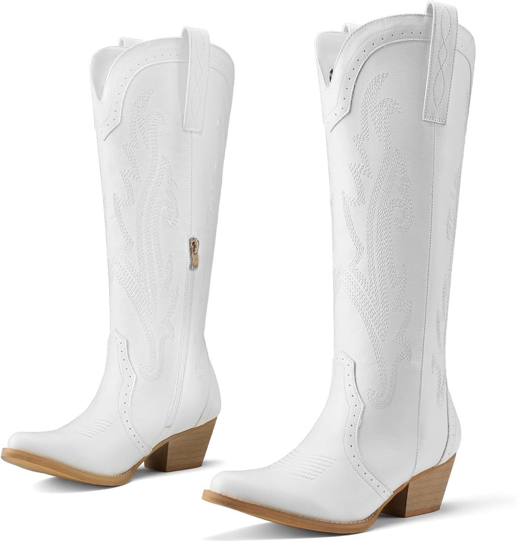 Rollda Cowboy Boots for Women Cowgirl Boots Embroidered Knee-High Western Boots Pointy Toe with Chunky Heel (8.5, White)
