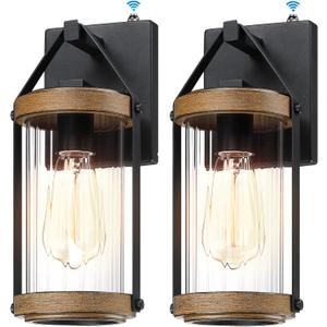 LONEDRUID 2 Pack Dusk to Dawn Outdoor Wall Light Fixtures Photocell Sensor Exterior Lantern Sconce Lighting Waterproof Outside Wall Mount Lamp for House Patio Garage Entryway Doorway (Black & Wood Texture)