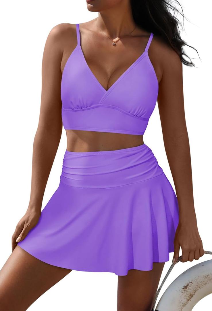 Pink Queen Women's High Waisted Bikini Set Two Piece Swimsuit V Neck Spaghetti Straps Swim Skirt Bathing Suit (Purple, M)