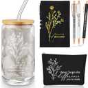 Funnymoom 6 Pcs End of Year Gifts Set 17oz Aesthetic Glass Tumbler Floral Makeup Bag Inspirational Journal Glitter Ballpoint Pens for Student Teacher Women School Staff Coworker Retirement