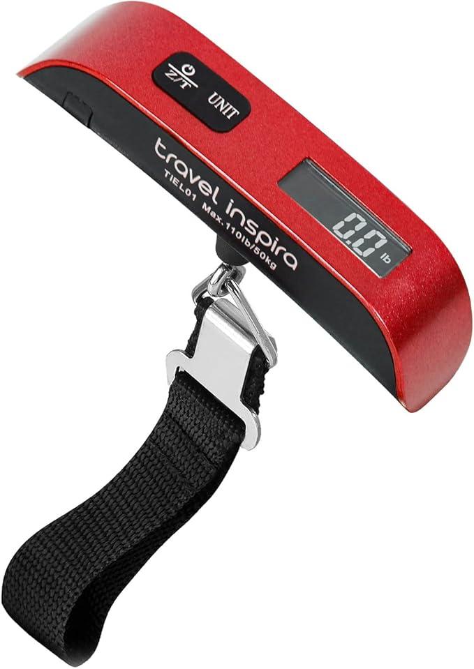travel inspira Luggage Scale, Portable Digital Hanging Baggage Scale for Travel, Suitcase Weight Scale with Rubber Paint, 110 Pounds, Battery Included - Red