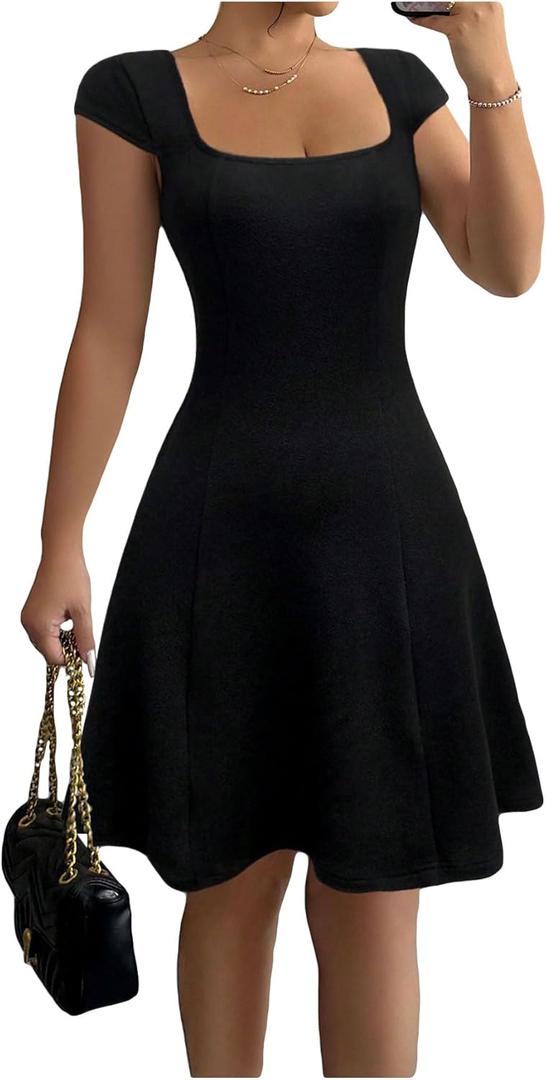 Milumia Women Square Neck Cap Sleeve Fitted Short Dress Flared A Line Mini Dresses Black X-Large