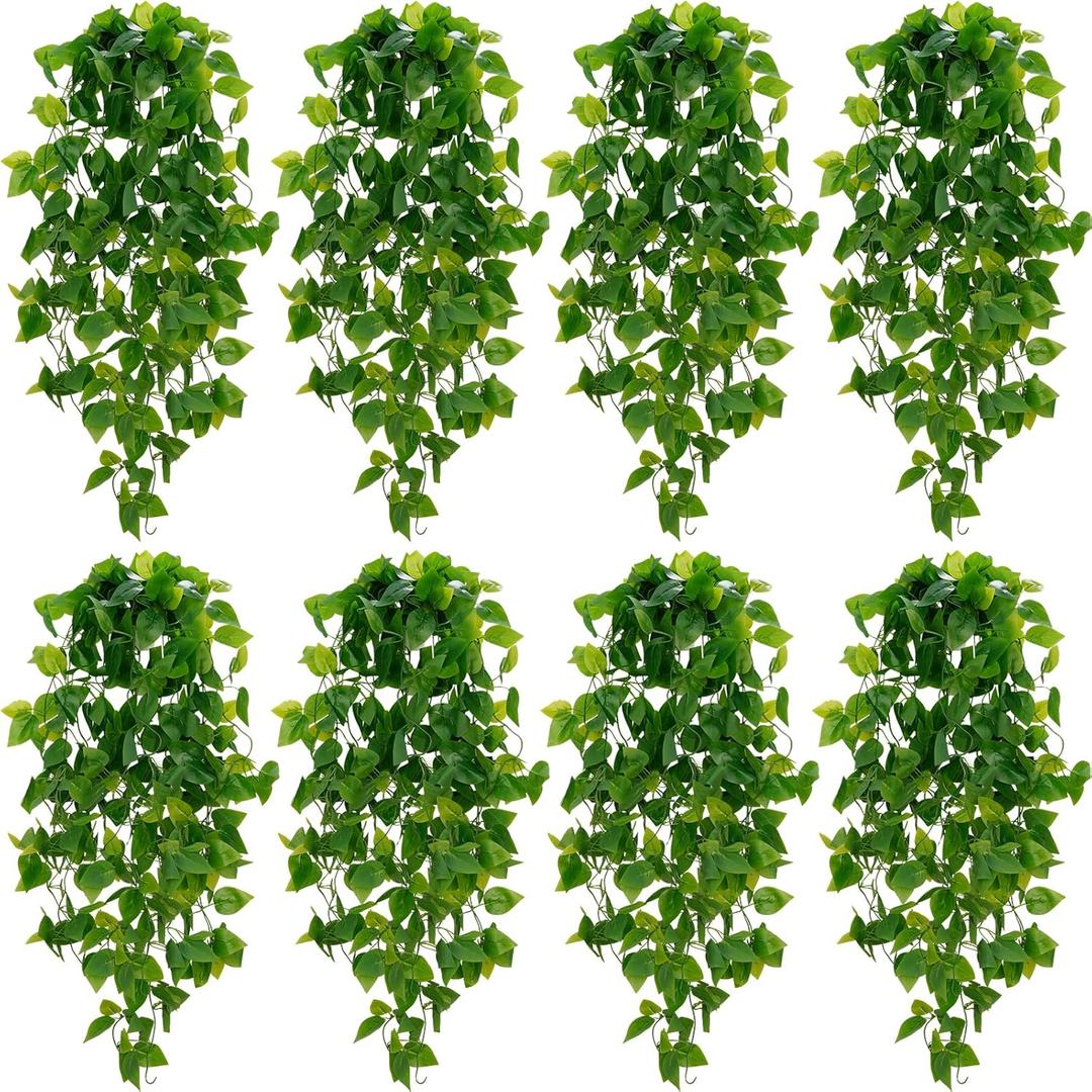 BLEUM CADE Fake Hanging Plants, 8pcs Artificial Pothos Vines Greenery for Wall Home Living Room Office Indoor Outdoor Decor (No Baskets)
