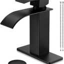 Herogo Matte Black Waterfall Bathroom Faucet, Stainless Steel Vanity Sink Faucet Set with Pop-up Drain & Hooks, Single Handle 1 Hole or 3 Holes Deck Mount RV Lavatory Tap with 2 Water Hoses
