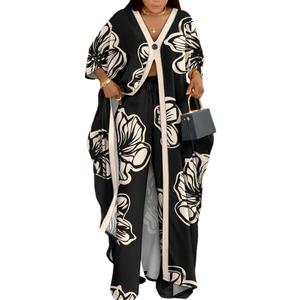 CHICME Women's 2 Piece Outfits Abstract Print Batwing Sleeve V Neck Top with High Slit and Loose Wide Leg Pants Set (X-Large)