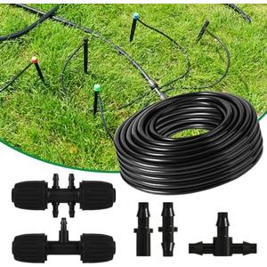 100FT 1/4" Inch Drip Irrigation Tubing Set Includes 1/4 Inch Six Way Barbed Tee Straight Couplings End Plugs Fittings Drip Line Connectors for 1/4 Inch Irrigation Tubing Garden Watering System